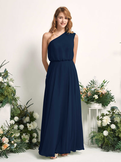 Carlyna Cecily A-Line Navy Bridesmaid Dress Maxi Sleeveless One Shoulder Dress Front View #color_navy