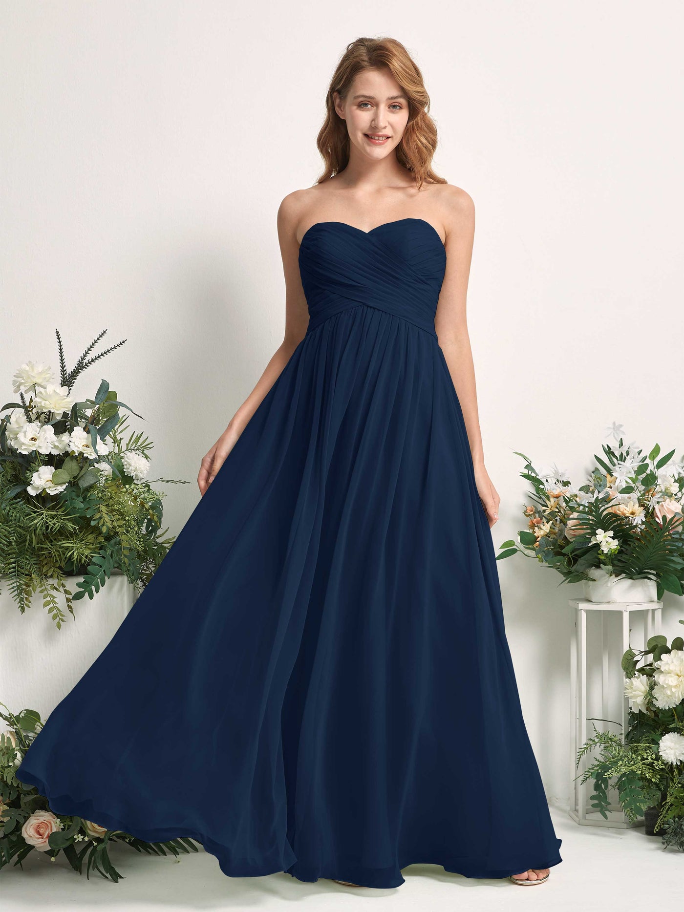 Bridesmaid Dress A-line Chiffon Sweetheart Full Length Sleeveless Wedding Party Dress - Navy (81226913)#color_navy