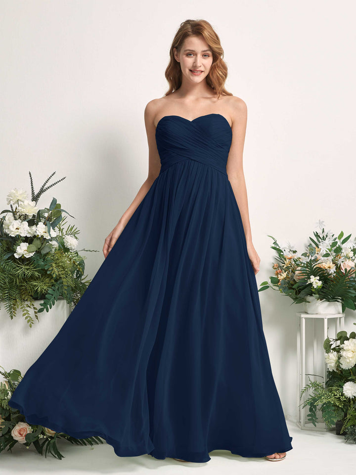 Bridesmaid Dress A-line Chiffon Sweetheart Full Length Sleeveless Wedding Party Dress - Navy (81226913)