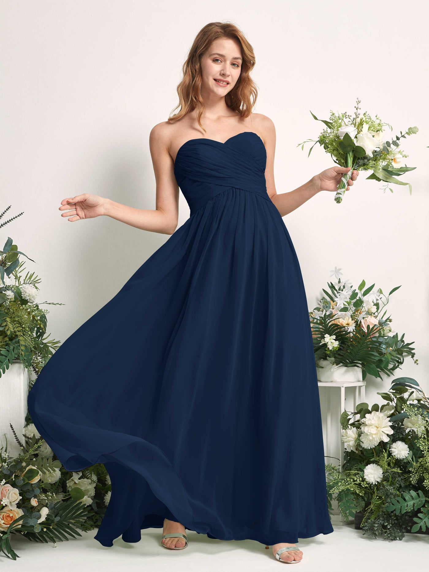 Bridesmaid Dress A-line Chiffon Sweetheart Full Length Sleeveless Wedding Party Dress - Navy (81226913)#color_navy