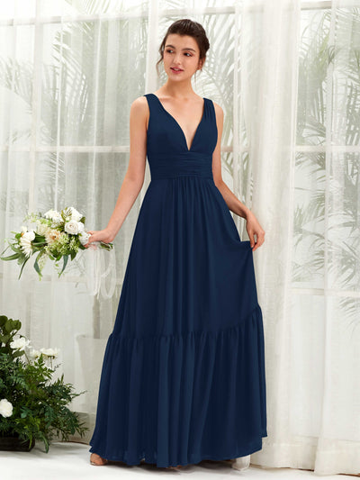 Carlyna Alissa A-Line Navy Bridesmaid Dress Maxi Sleeveless V-Neck Dress Front View #color_navy