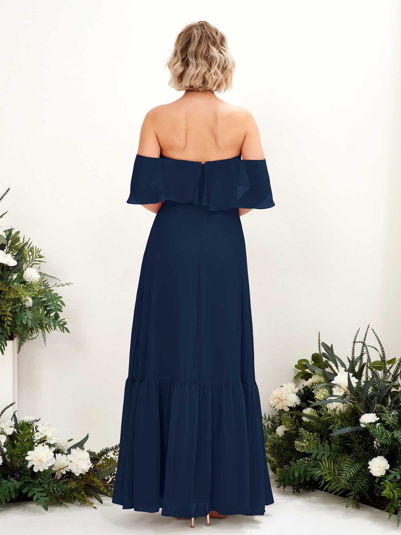A-line Off Shoulder Chiffon Bridesmaid Dress -(81224513)#color_navy
