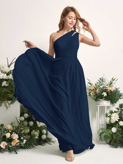 Carlyna Evelyn A-Line Navy Bridesmaid Dress Maxi Sleeveless One Shoulder Dress Side View 2 #color_navy