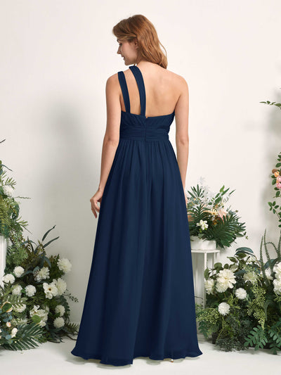 Carlyna Evelyn A-Line Navy Bridesmaid Dress Maxi Sleeveless One Shoulder Dress Back View #color_navy