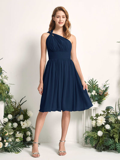 Carlyna Echo A-Line Navy Bridesmaid Dress Knee-Length Sleeveless One Shoulder Dress Front View #color_navy