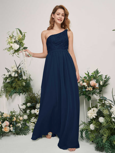 Carlyna Bonita A-Line Navy Embroidered Bridesmaid Dress Maxi Sleeveless One Shoulder Dress Side View 2 #color_navy