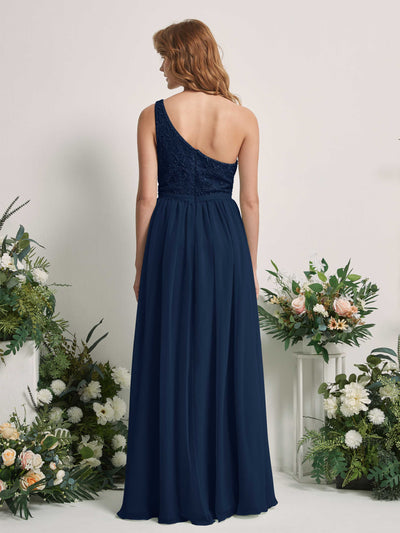 Carlyna Bonita A-Line Navy Embroidered Bridesmaid Dress Maxi Sleeveless One Shoulder Dress Back View #color_navy