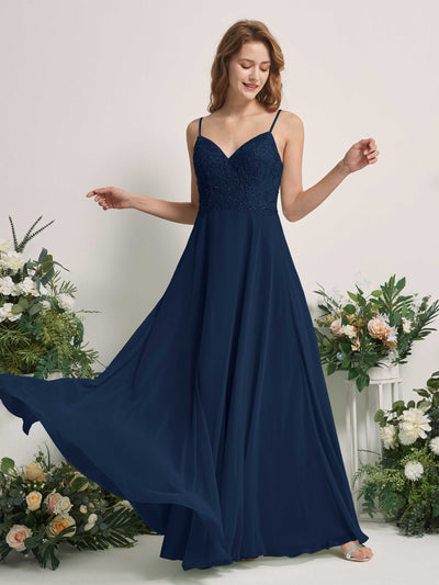 Carlyna Gail A-Line Navy Beaded Bridesmaid Dress Maxi Sleeveless V-Neck Dress Front View #color_navy
