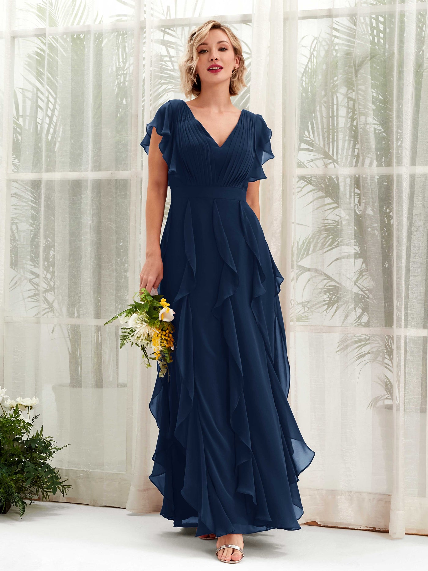 A-line V-neck Short Sleeves Chiffon Bridesmaid Dress (81226013)#color_navy
