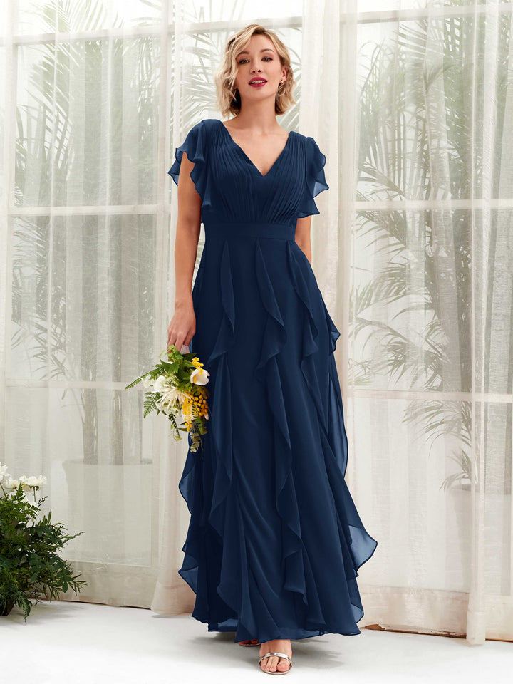 A-line V-neck Short Sleeves Chiffon Bridesmaid Dress (81226013)
