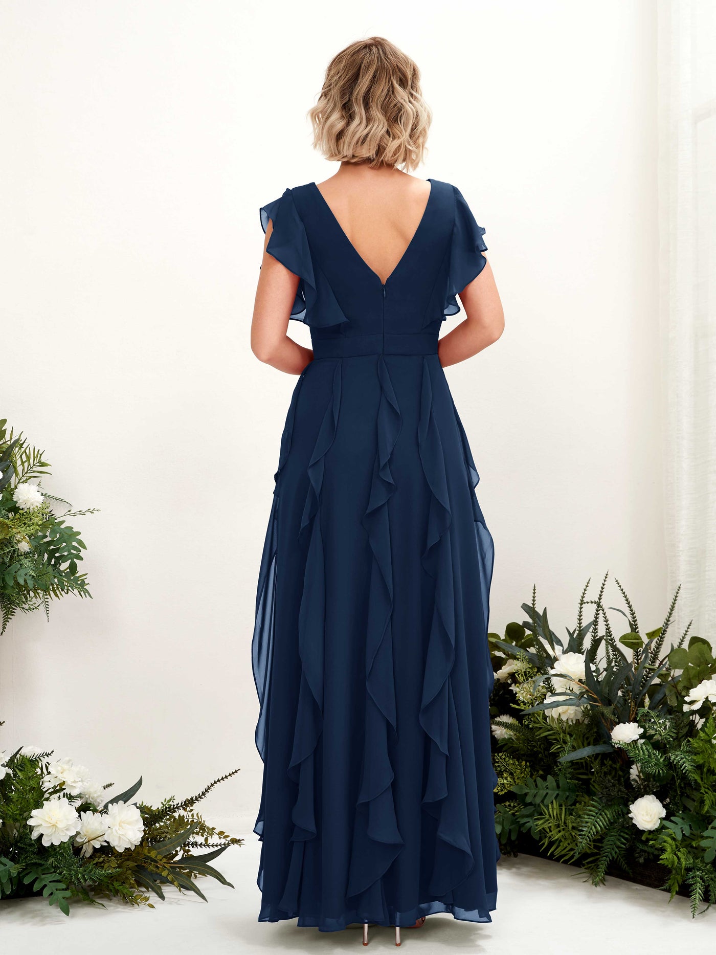A-line V-neck Short Sleeves Chiffon Bridesmaid Dress  (81226013)#color_navy