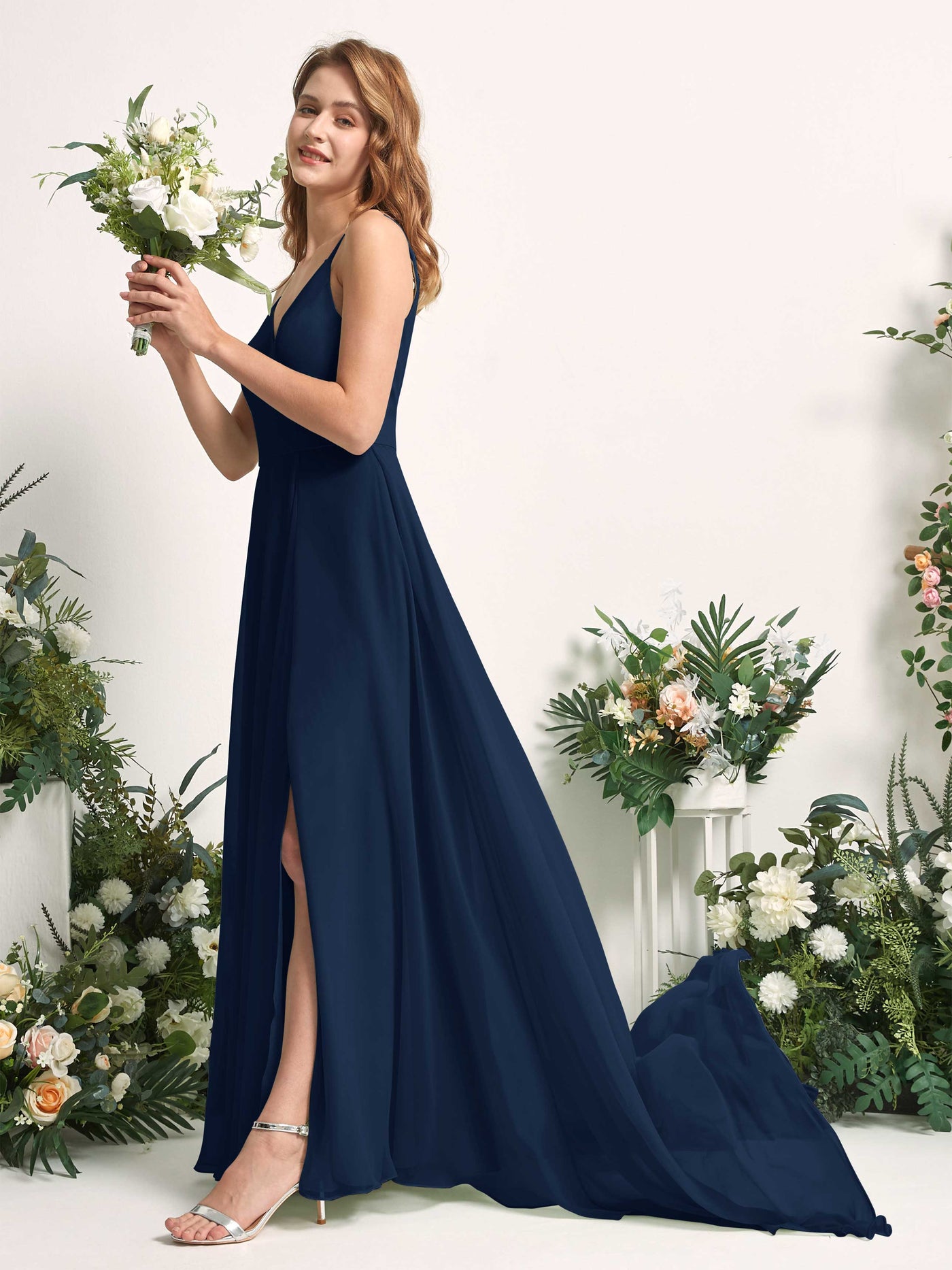 Bridesmaid Dress A-line Chiffon Spaghetti-straps Full Length Sleeveless Wedding Party Dress - Navy (81227713)#color_navy