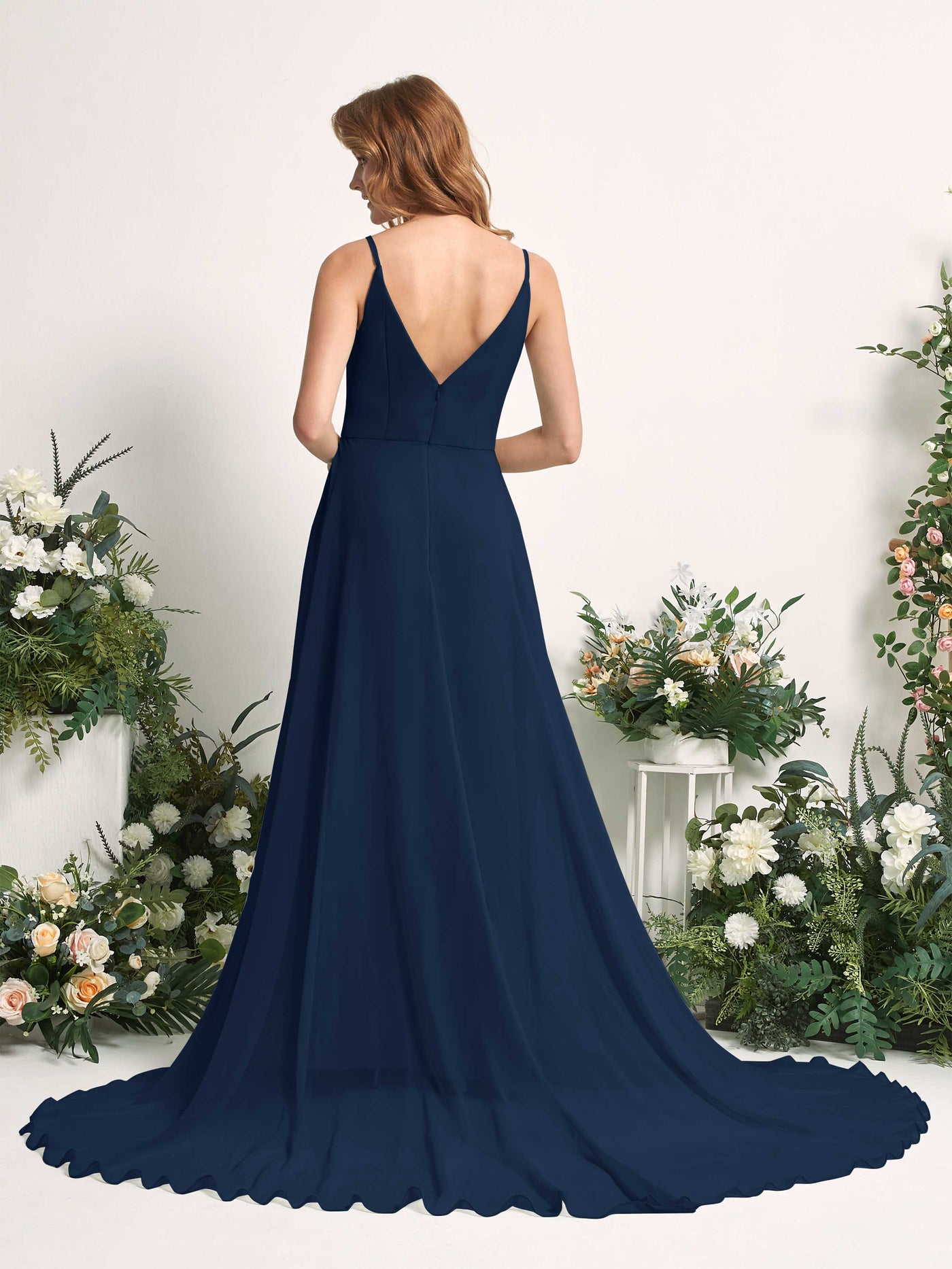 Bridesmaid Dress A-line Chiffon Spaghetti-straps Full Length Sleeveless Wedding Party Dress - Navy (81227713)#color_navy