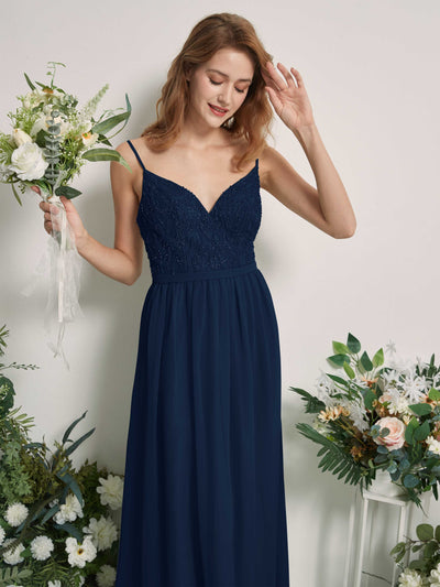 Carlyna Alexandra A-Line Navy Beaded Bridesmaid Dress Maxi Sleeveless V-Neck Dress Side View 2 #color_navy
