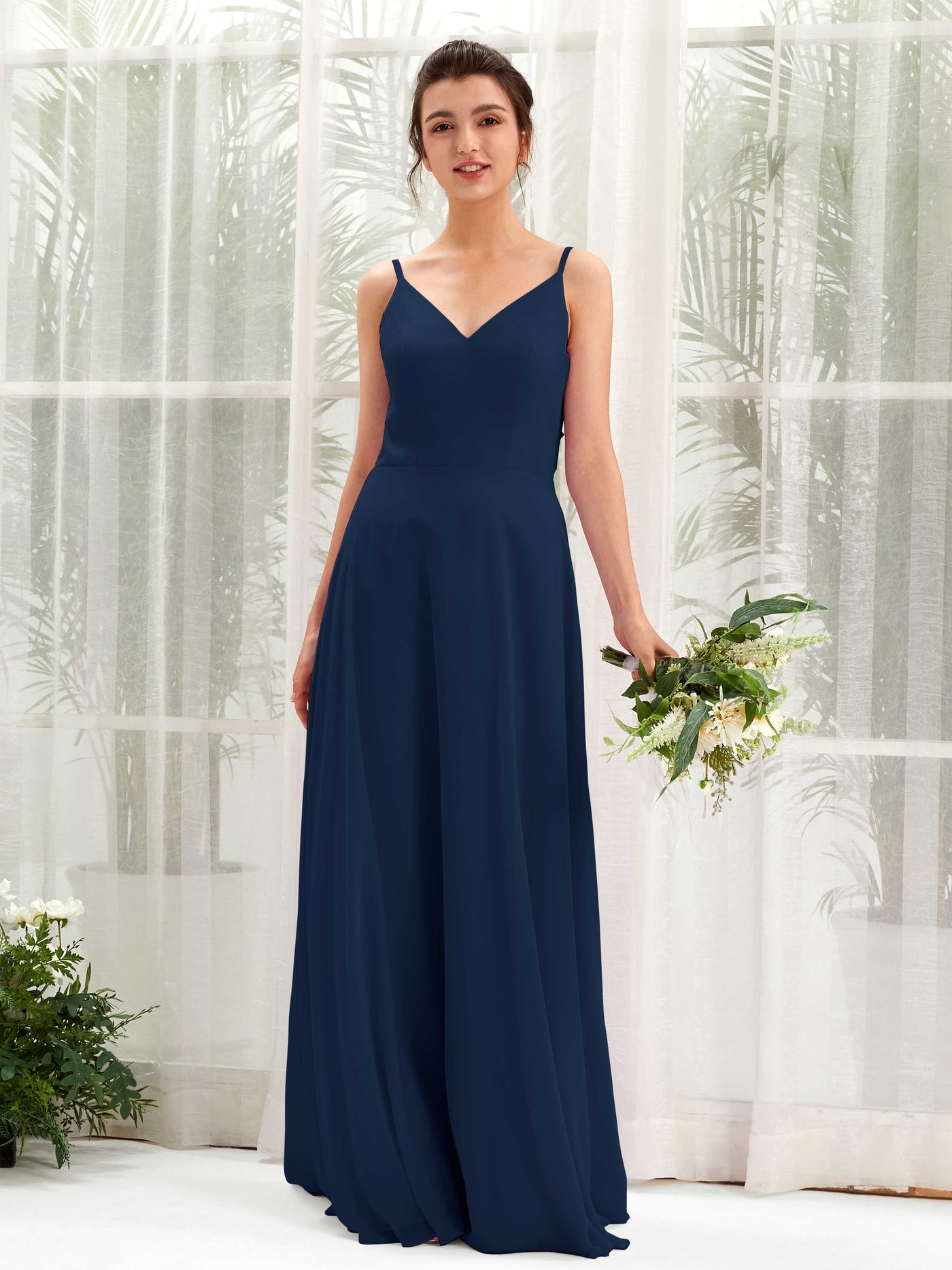 A-line Spaghetti-straps V-neck Sleeveless Chiffon Bridesmaid Dress (81220613)#color_navy