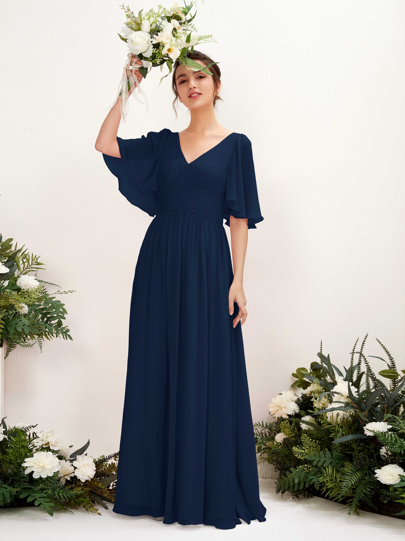 A-line V-neck 1/2 Sleeves Chiffon Bridesmaid Dress (81221613)#color_navy