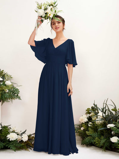Carlyna Odette A-Line Navy Bridesmaid Dress Maxi Short Sleeve V-Neck Dress #color_navy