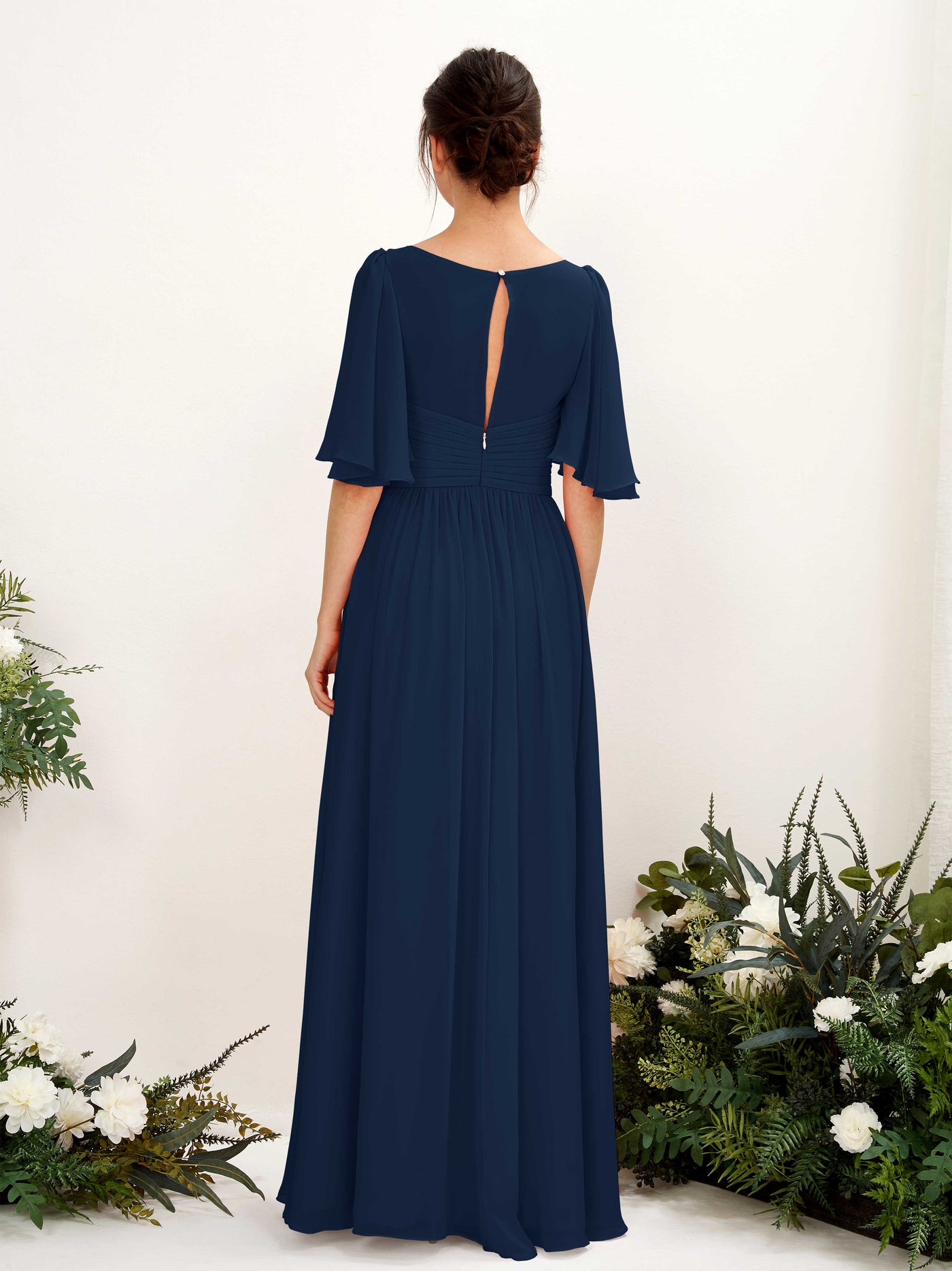 A-line V-neck 1/2 Sleeves Chiffon Bridesmaid Dress  (81221613)#color_navy