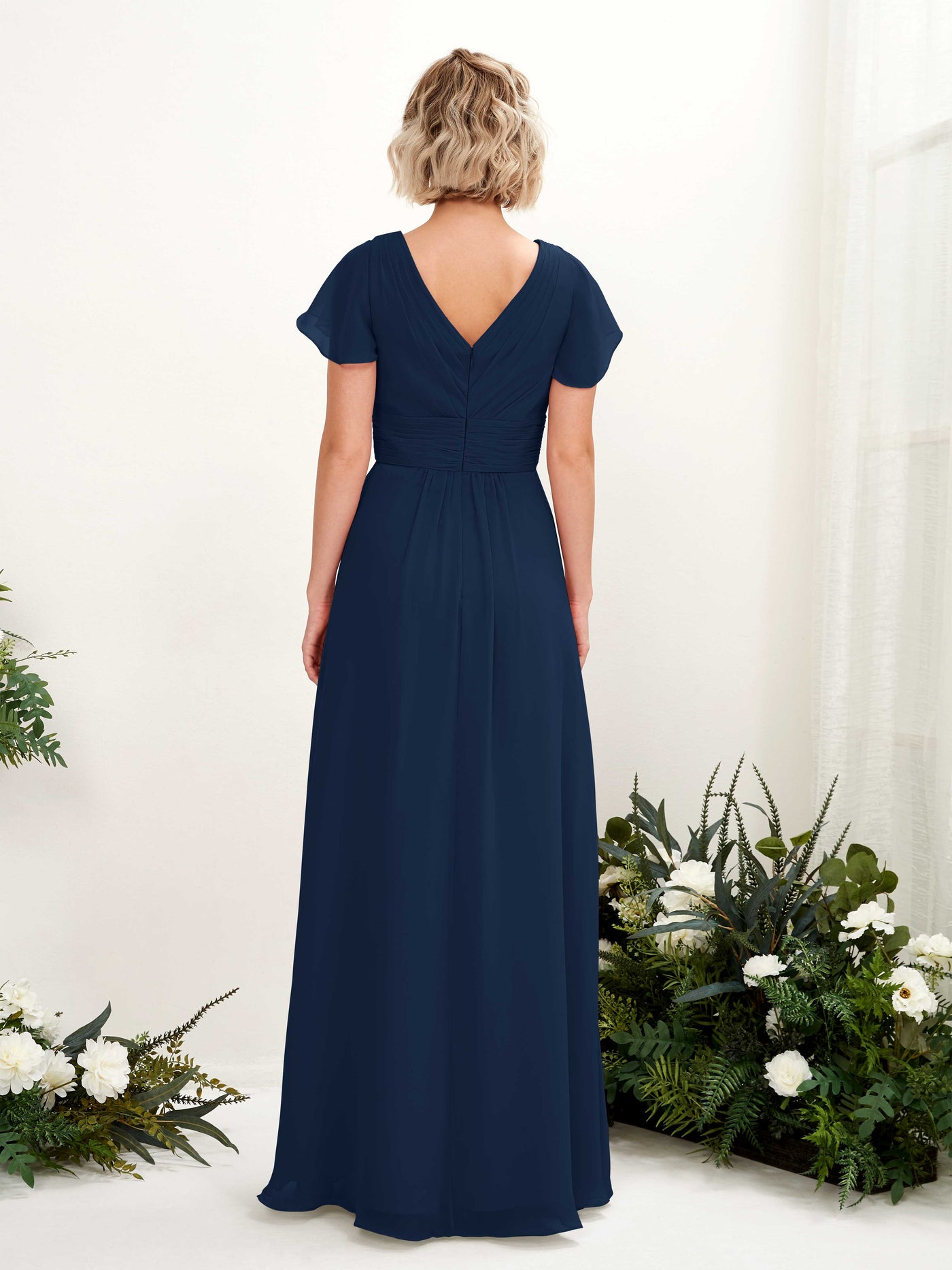 A-line V-neck Cap Sleeves Chiffon Bridesmaid Dress (81224313)#color_navy
