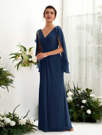 Carlyna Alain A-Line Navy Bridesmaid Dress Maxi Cap Sleeve V-Neck Dress Front View #color_navy