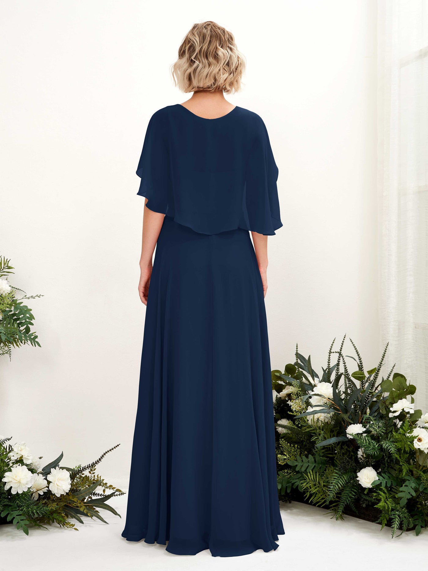 A-line V-neck Short Sleeves Chiffon Bridesmaid Dress (81224413)#color_navy