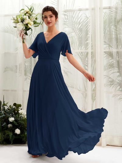 Carlyna Daphne A-Line Navy Bridesmaid Dress Maxi Short Sleeve V-Neck Dress Front View #color_navy