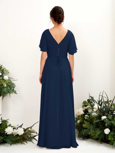 Carlyna Daphne A-Line Navy Bridesmaid Dress Maxi Short Sleeve V-Neck Dress Back View #color_navy