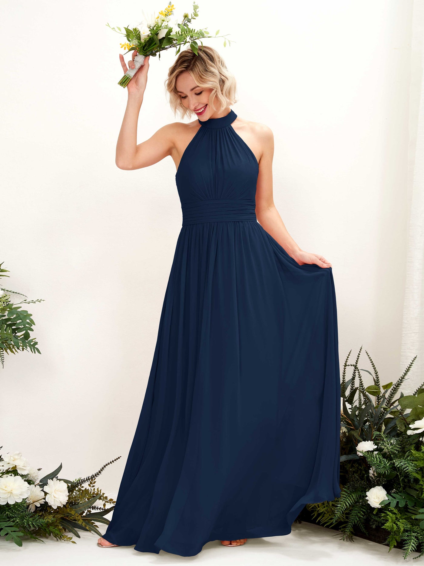 Ball Gown Halter Sleeveless Chiffon Bridesmaid Dress (81225313)#color_navy