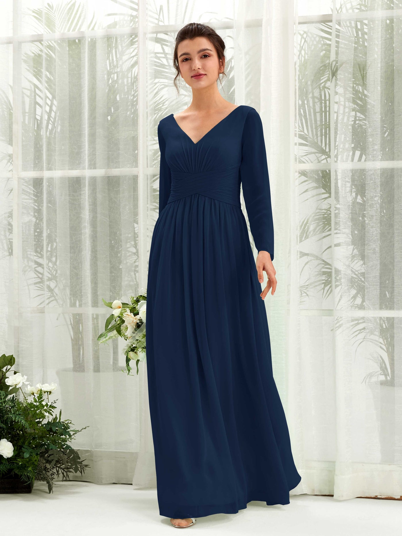 Ball Gown V-neck Long Sleeves Chiffon Bridesmaid Dress  (81220313)#color_navy