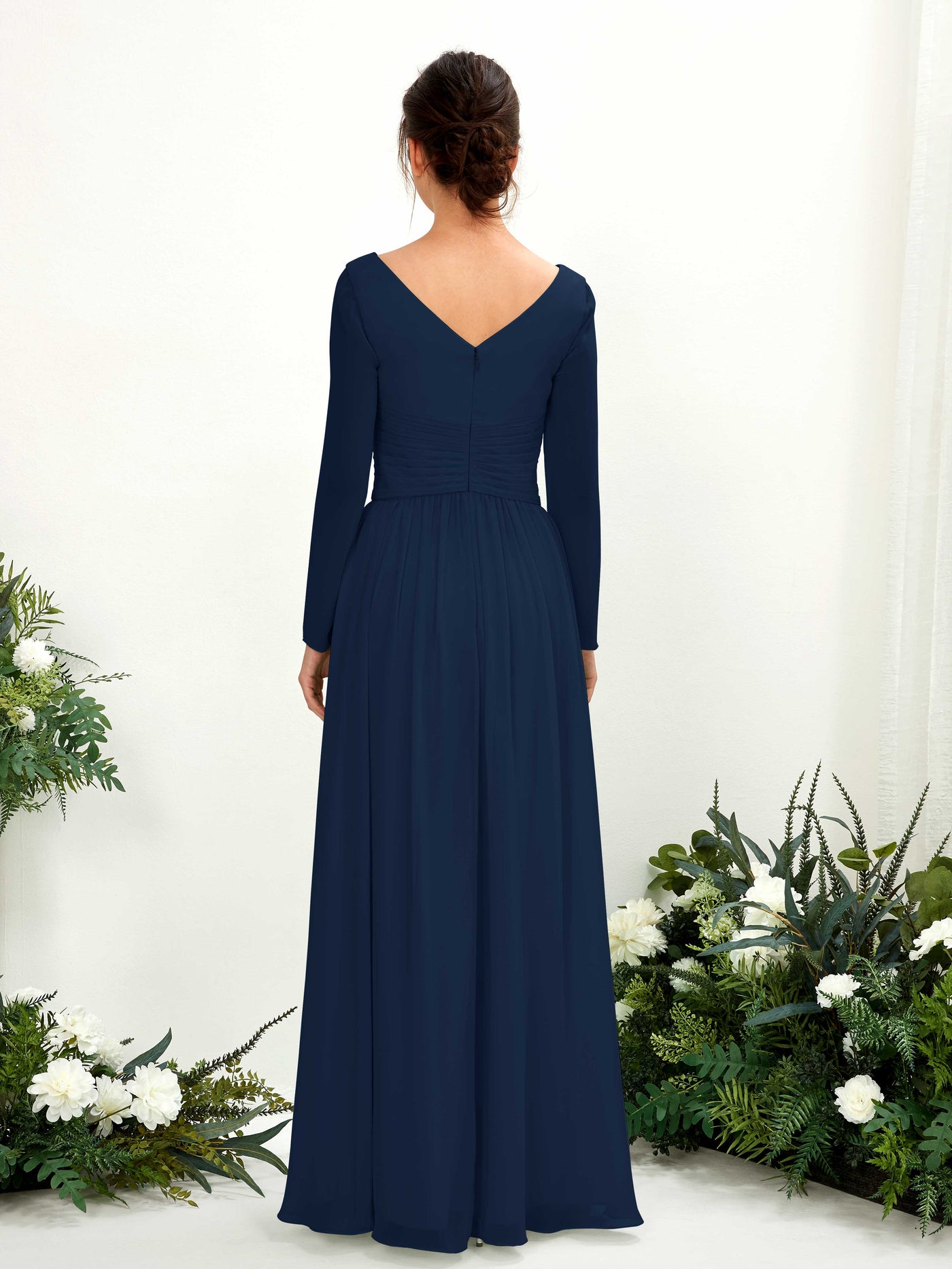 Ball Gown V-neck Long Sleeves Chiffon Bridesmaid Dress (81220313)#color_navy