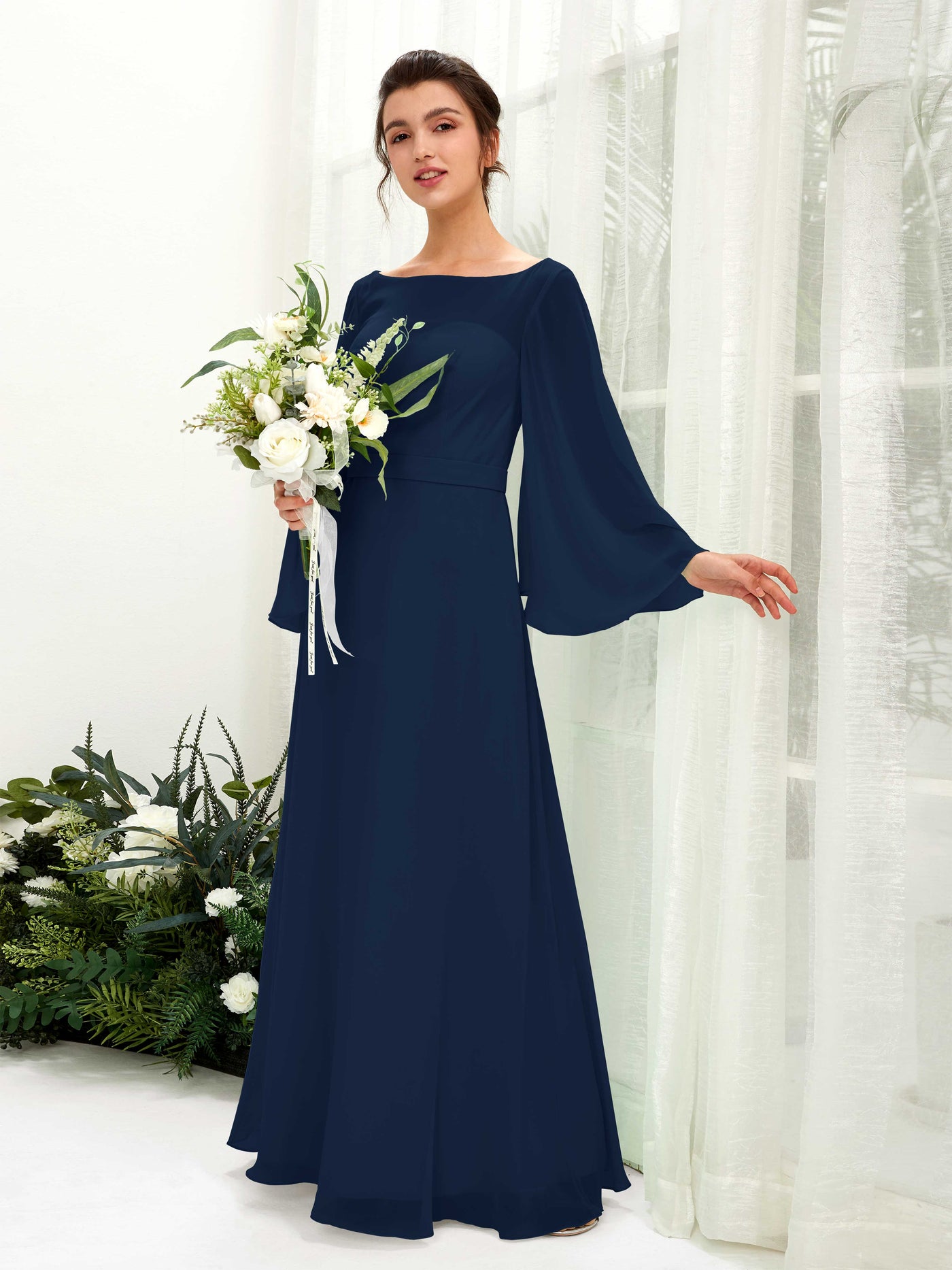 Bateau Illusion Long Sleeves Chiffon Bridesmaid Dress (81220513)#color_navy