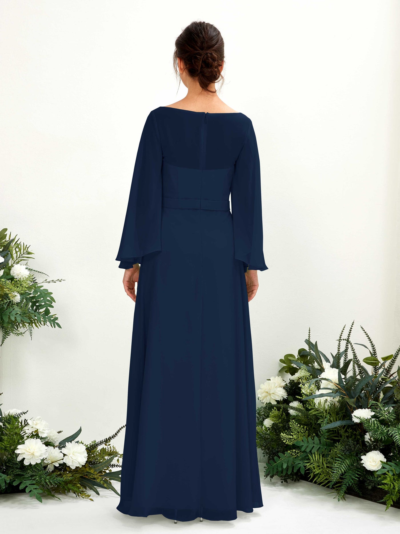 Bateau Illusion Long Sleeves Chiffon Bridesmaid Dress  (81220513)#color_navy