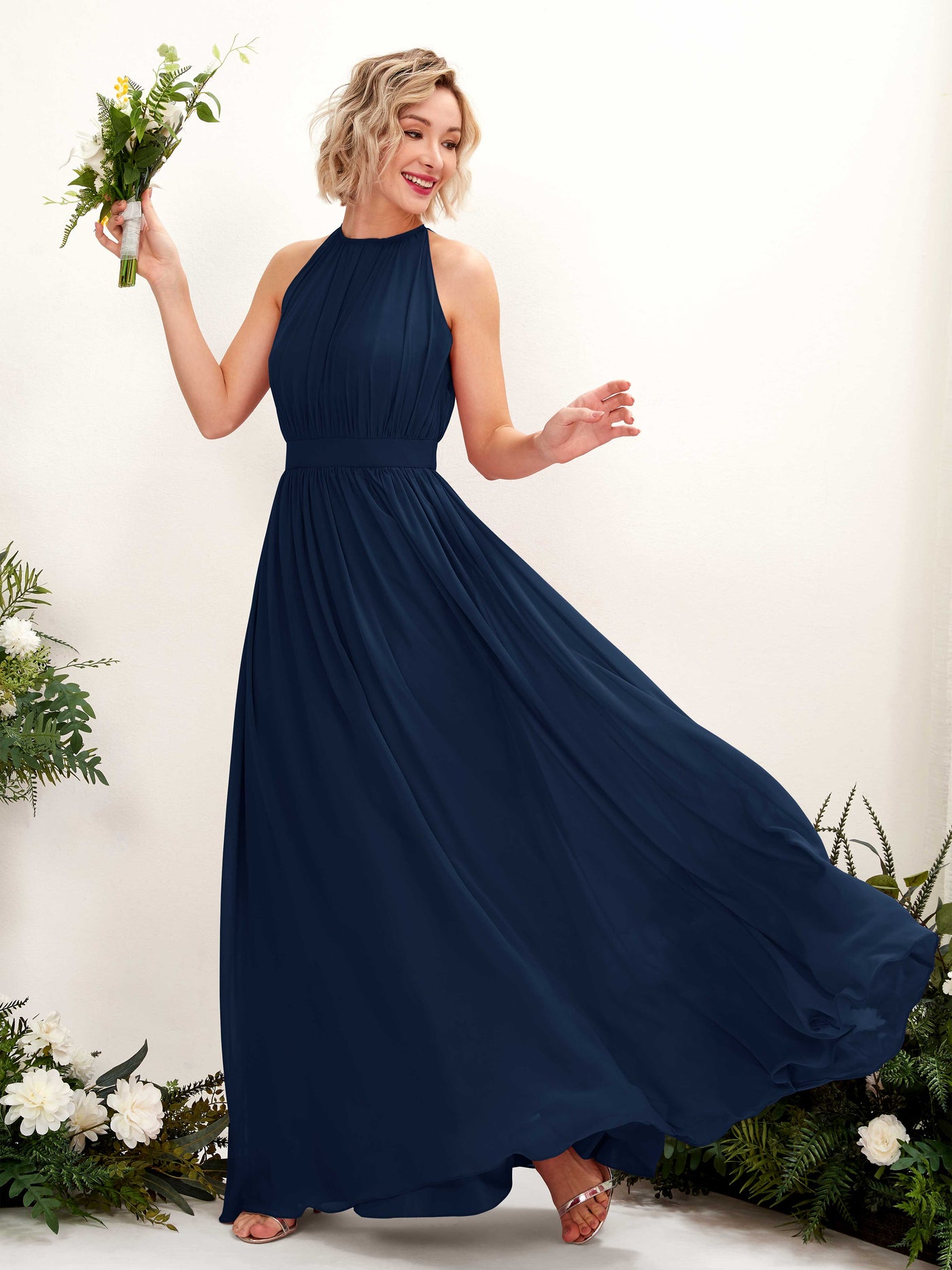 Halter Sleeveless Chiffon Bridesmaid Dress (81223113)#color_navy