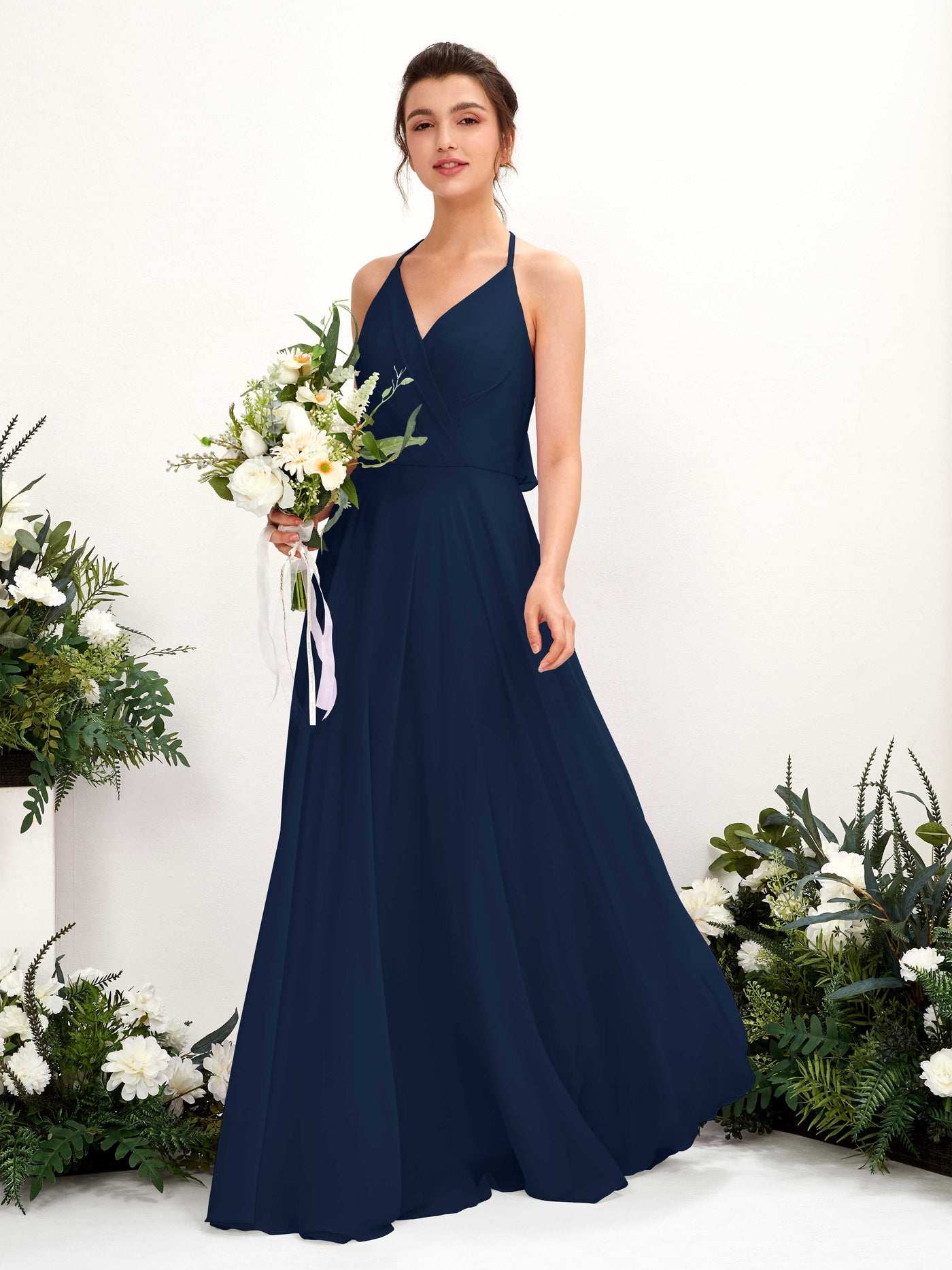 Halter V-neck Sleeveless Chiffon Bridesmaid Dress (81221013)#color_navy