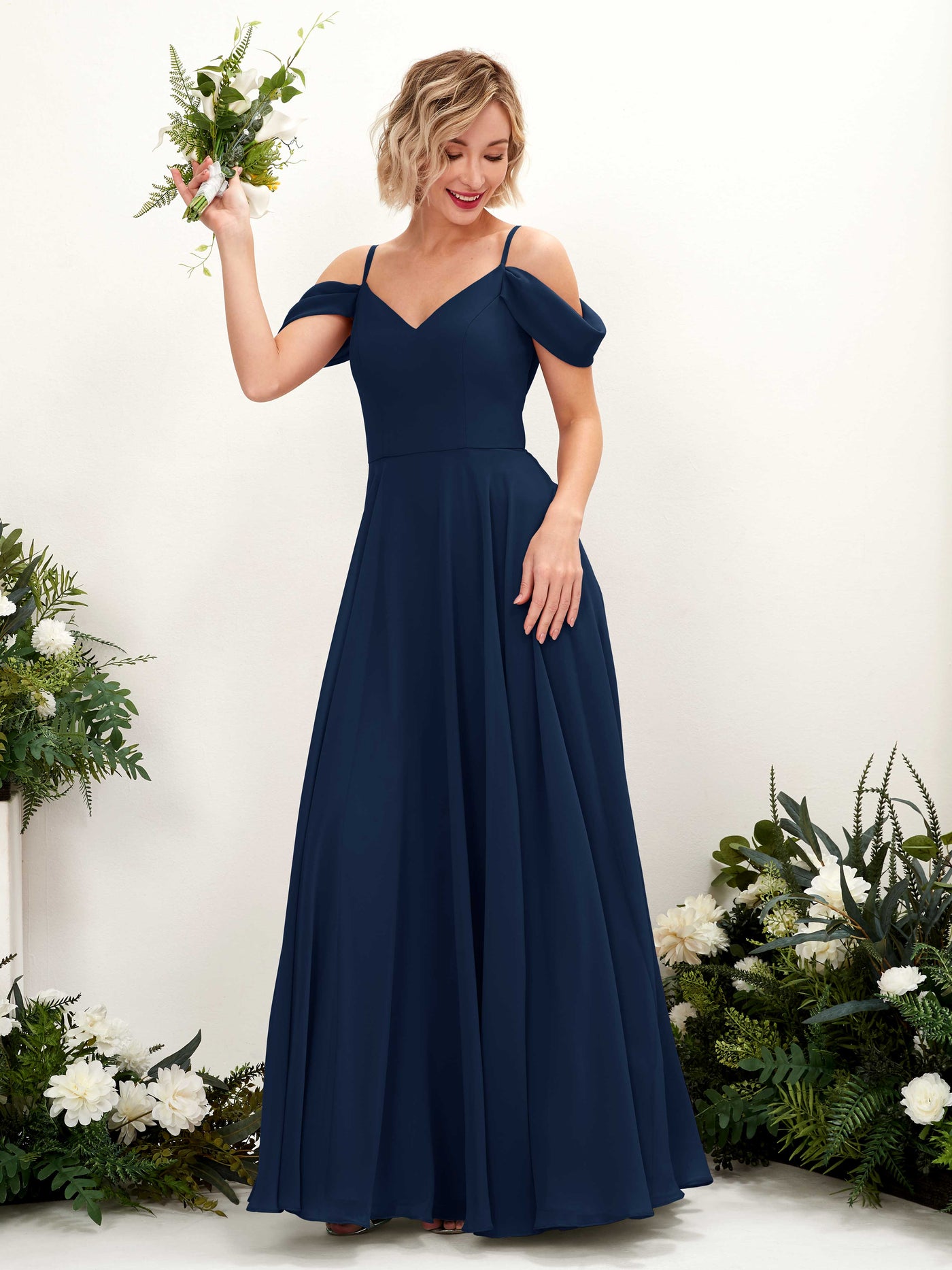 Off Shoulder Straps V-neck Sleeveless Chiffon Bridesmaid Dress  (81224913)#color_navy