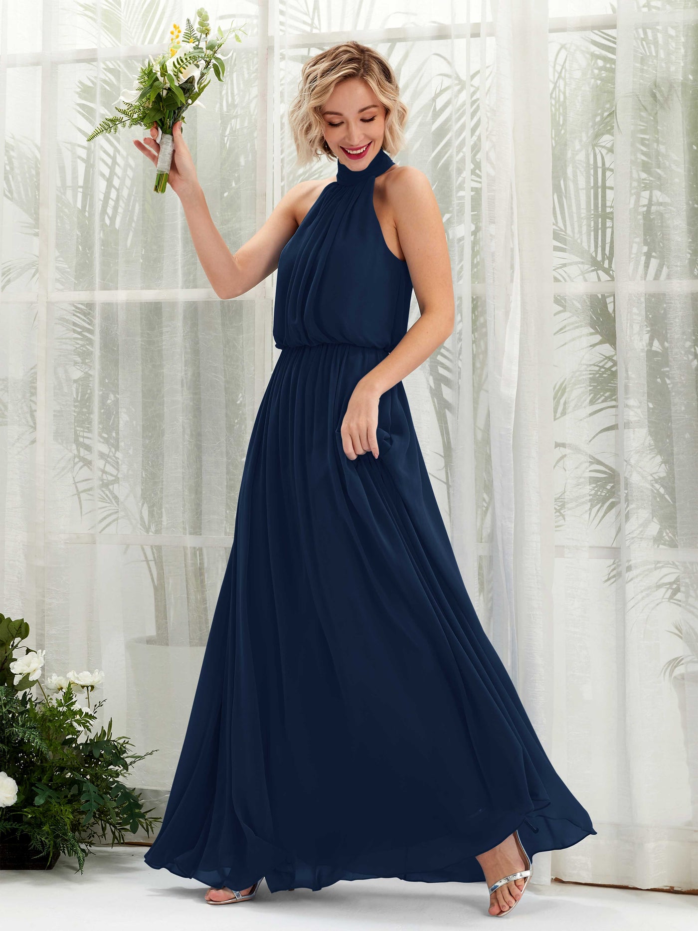 Halter Sleeveless Chiffon Bridesmaid Dress (81222913)#color_navy