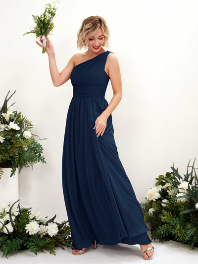 Carlyna Flaze A-Line Navy Bridesmaid Dress Maxi Sleeveless One Shoulder Dress Front View #color_navy