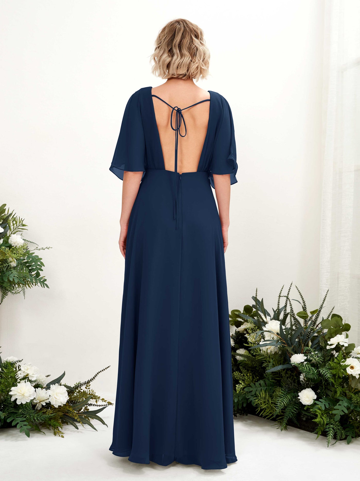 V-neck 1/2 Sleeves Chiffon Bridesmaid Dress (81225113)#color_navy