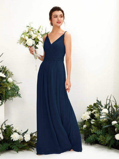 Carlyna Dira A-Line Navy Bridesmaid Dress Maxi Sleeveless V-Neck Dress Front View #color_navy