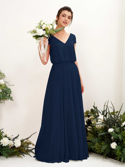 Carlyna Pauline A-Line Navy Bridesmaid Dress Maxi Cap Sleeve V-Neck Dress #color_navy