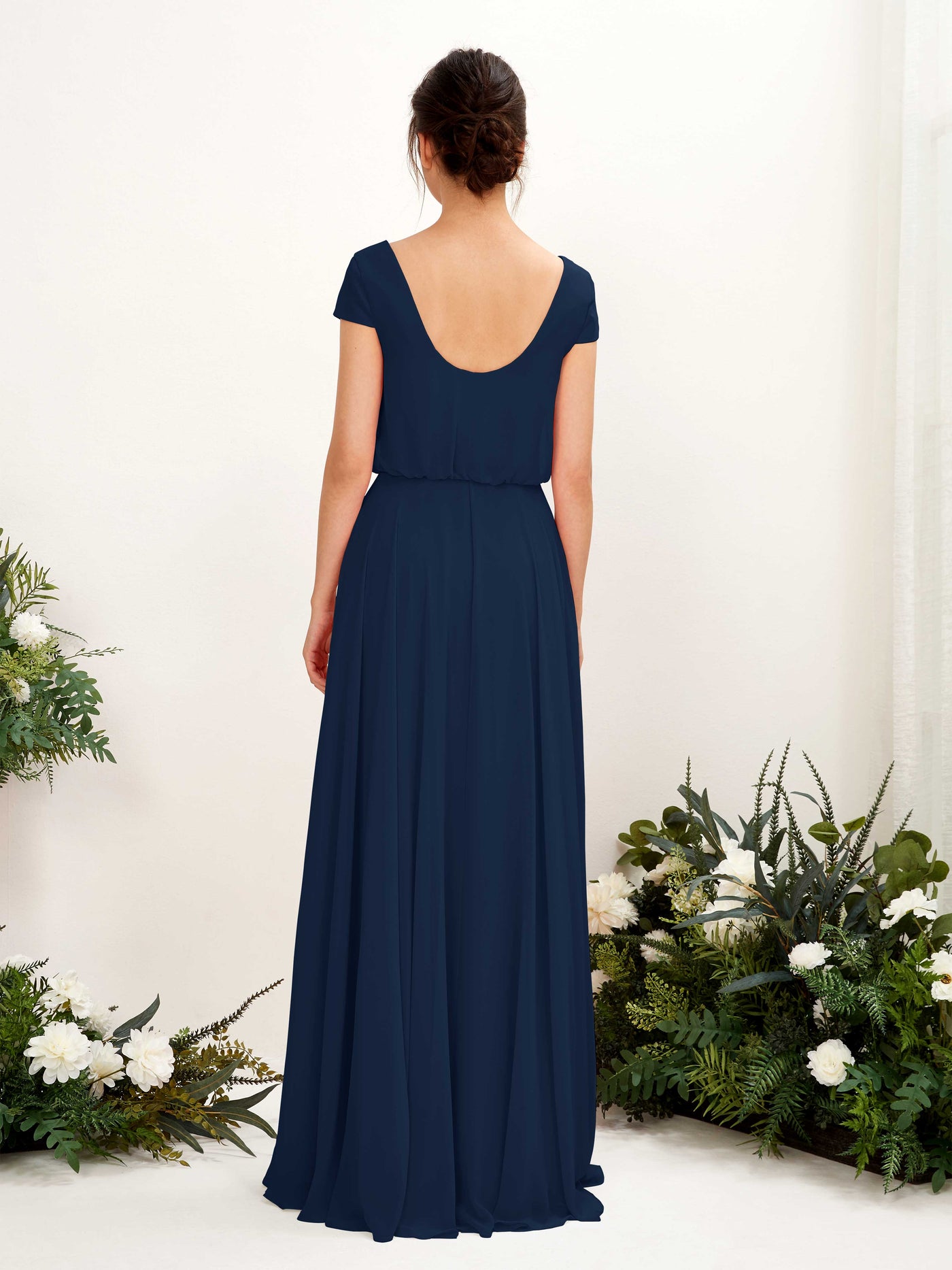 V-neck Cap Sleeves Chiffon Bridesmaid Dress - Navy (81221813)#color_navy