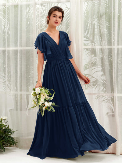 Carlyna Chaya A-Line Navy Bridesmaid Dress Maxi Cap Sleeve V-Neck Dress Front View #color_navy