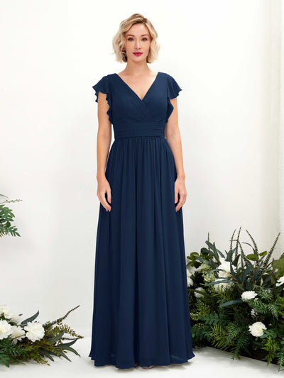 Carlyna Grino A-Line Navy Bridesmaid Dress Maxi Cap Sleeve V-Neck Dress Front View #color_navy
