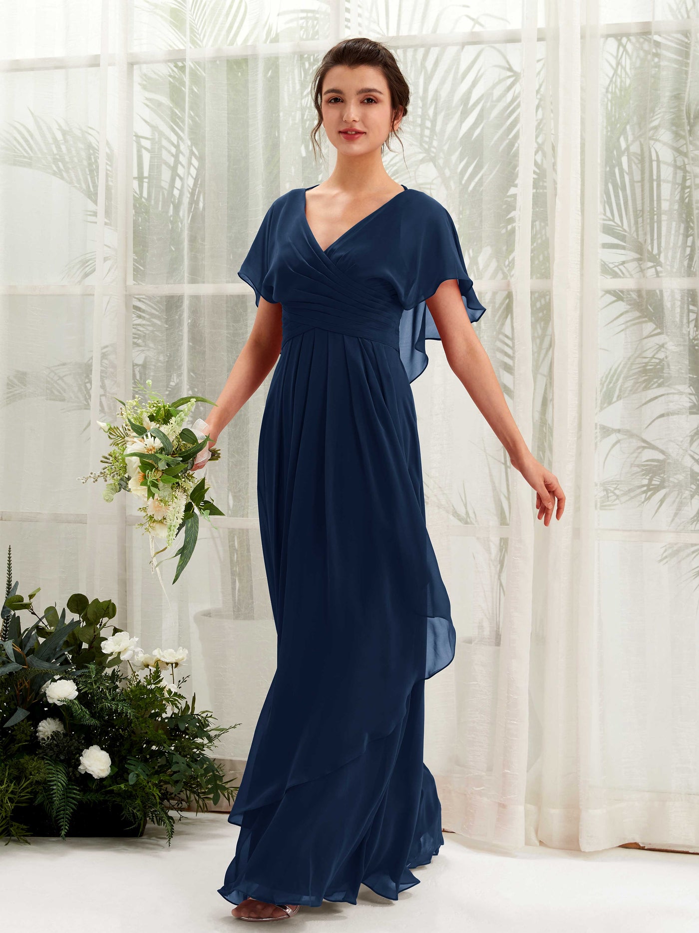 V-neck Short Sleeves Chiffon Bridesmaid Dress  (81226113)#color_navy