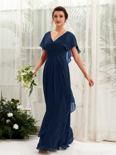 Carlyna Darlene A-Line Navy Bridesmaid Dress Maxi Short Sleeve V-Neck Dress Front View #color_navy