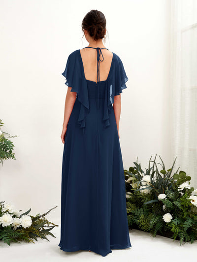 Carlyna Darlene A-Line Navy Bridesmaid Dress Maxi Short Sleeve V-Neck Dress Back View #color_navy