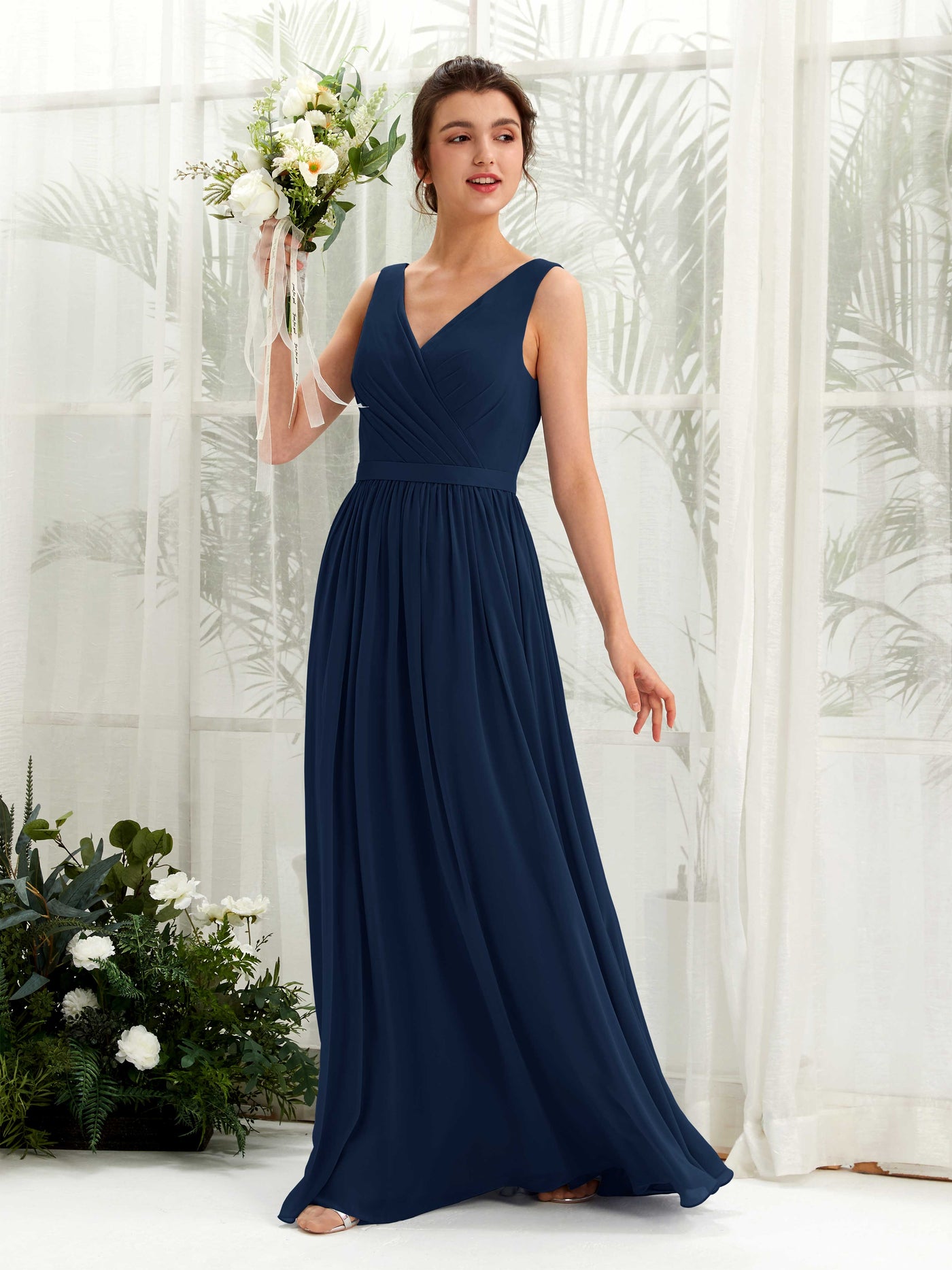 V-neck Sleeveless Chiffon Bridesmaid Dress (81223613)#color_navy