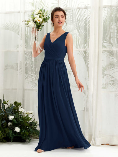 Carlyna Barbara A-Line Navy Bridesmaid Dress Maxi Sleeveless V-Neck Dress Front View #color_navy