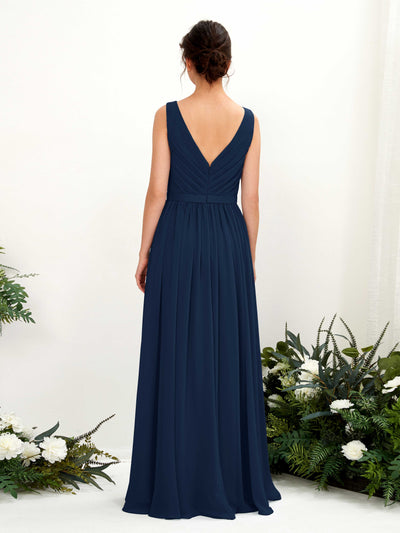 Carlyna Barbara A-Line Navy Bridesmaid Dress Maxi Sleeveless V-Neck Dress Back View #color_navy