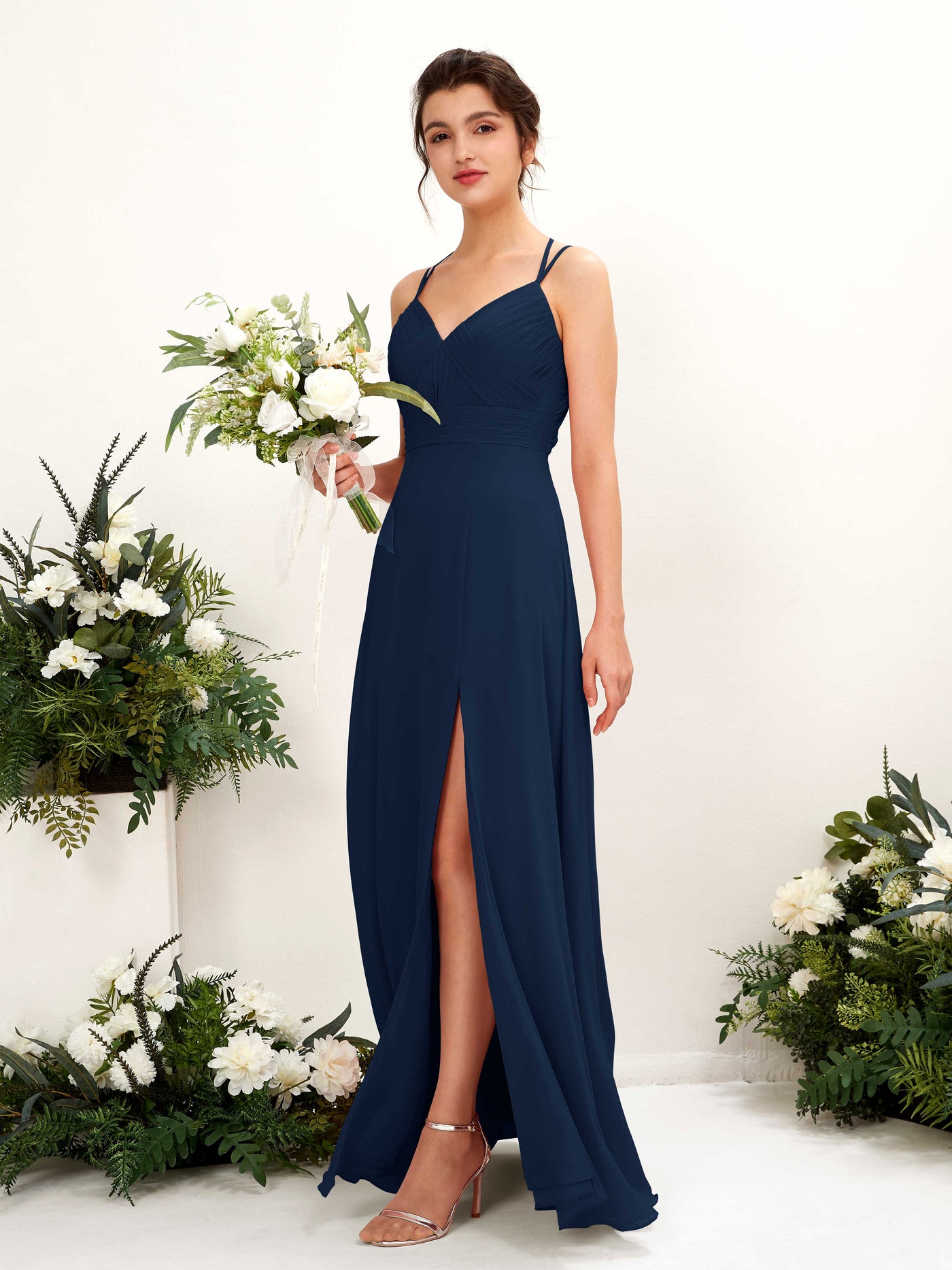 Straps V-neck Sleeveless Chiffon Bridesmaid Dress (81225413)#color_navy